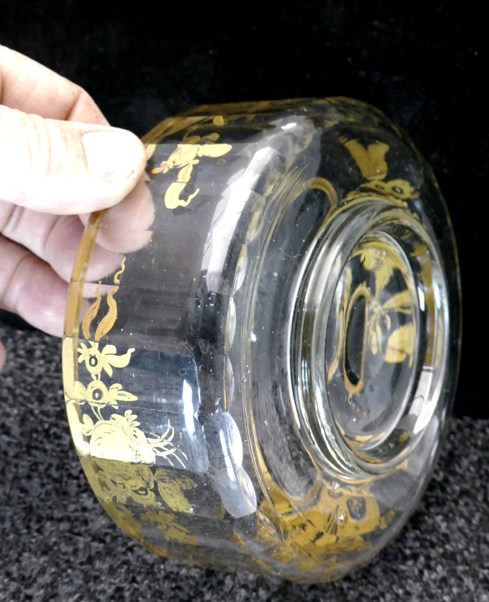 Precious 18th Century Jam Jar , Blown-cut-gilded Glass, Complete 3 Pieces-photo-1