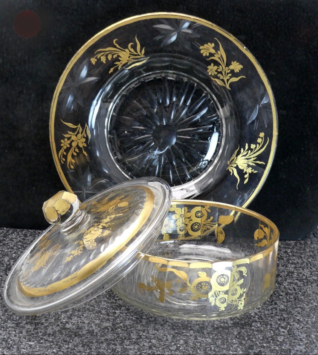 Precious 18th Century Jam Jar , Blown-cut-gilded Glass, Complete 3 Pieces