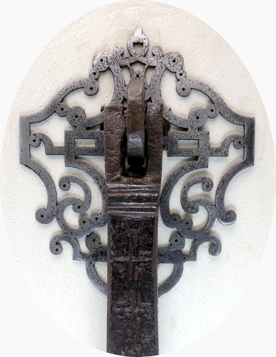 Large French Forged Door Knocker, 17-18th Century, Cross Engraved -photo-1