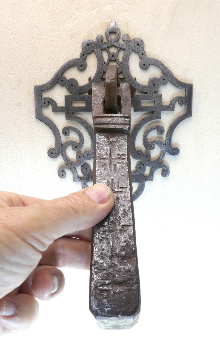 Large French Forged Door Knocker, 17-18th Century, Cross Engraved 