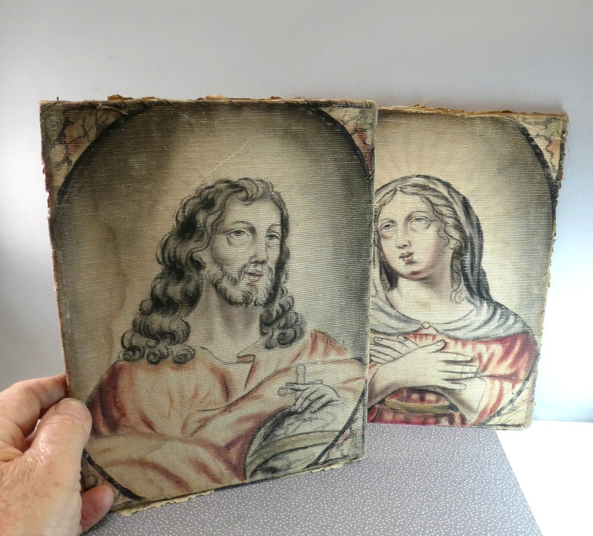 17-18e Siècle : Saints Portraits Sur Toile De Reps, état De Découverte -photo-2