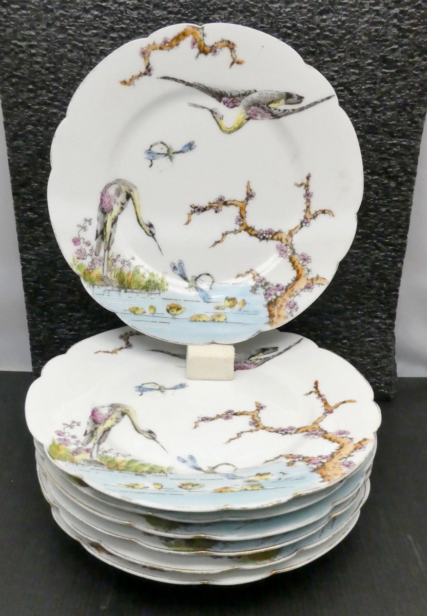 Japonisme, Théodore Haviland, Suite De 6 Porcelaines : Printemps Aux Marais, Vers 1865