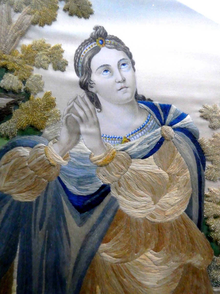 Sainte Agnès, Broderie Sur Soie, Peinture à L’aiguille De 1840, Bel état-photo-2