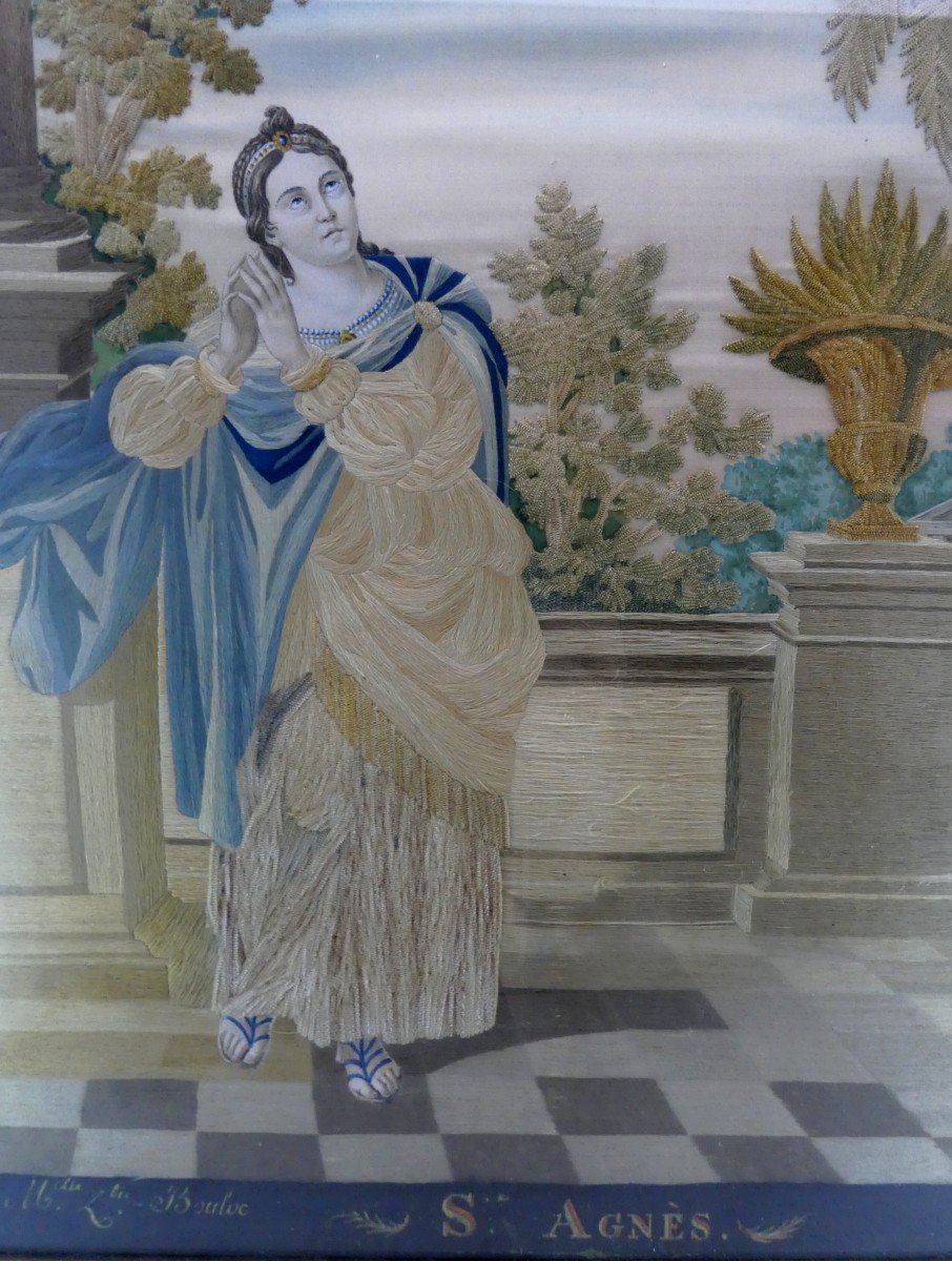 Sainte Agnès, Broderie Sur Soie, Peinture à L’aiguille De 1840, Bel état-photo-3