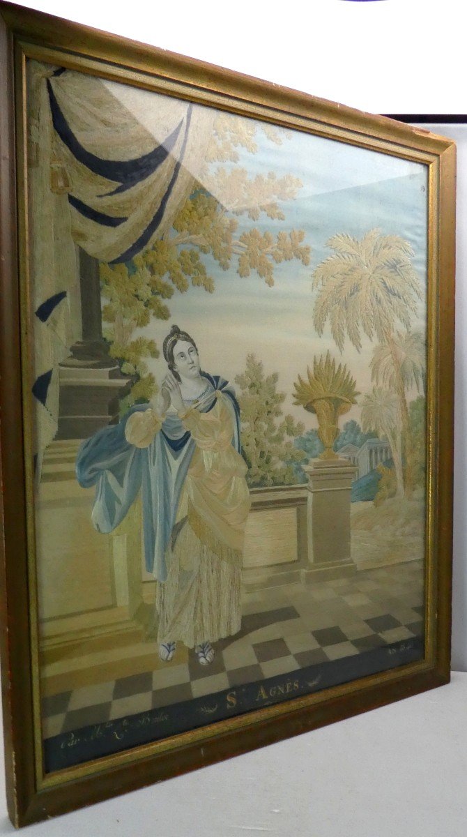 Sainte Agnès, Broderie Sur Soie, Peinture à L’aiguille De 1840, Bel état-photo-1