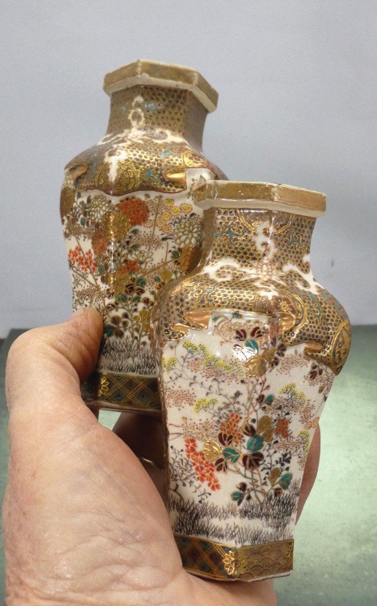 Miniature Japanese Earthenware Vases, Rich Flower Gardens, 19th Century-photo-3