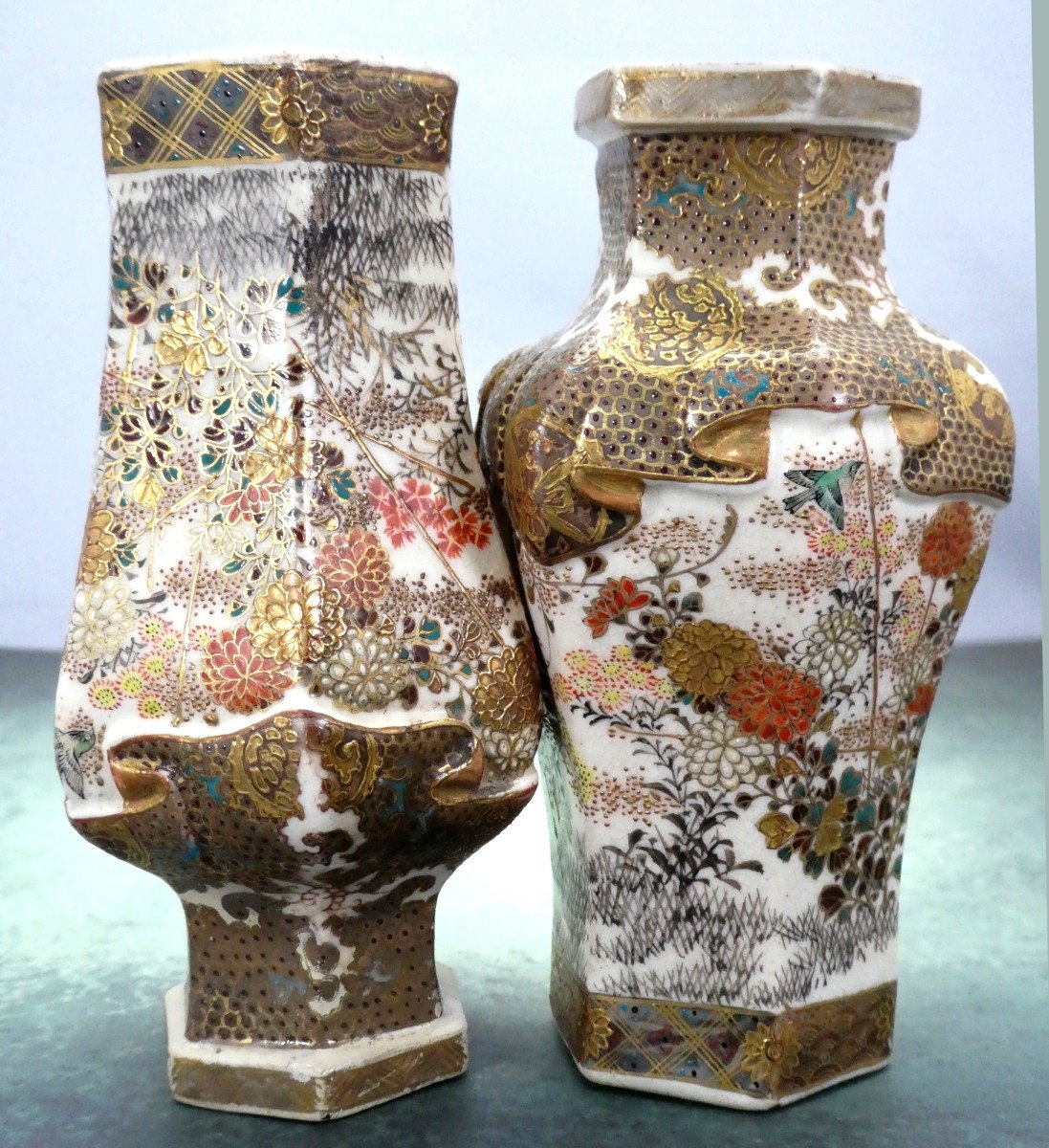 Miniature Japanese Earthenware Vases, Rich Flower Gardens, 19th Century