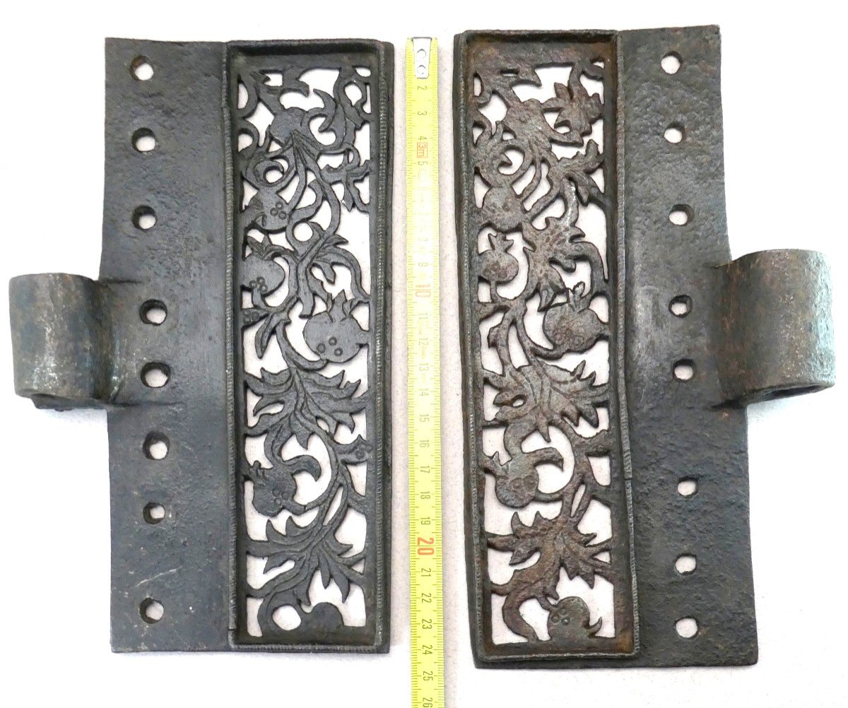 Pair Of Heavy Engraved Openwork Forged Hinges, Louis XIII Or XIV Period