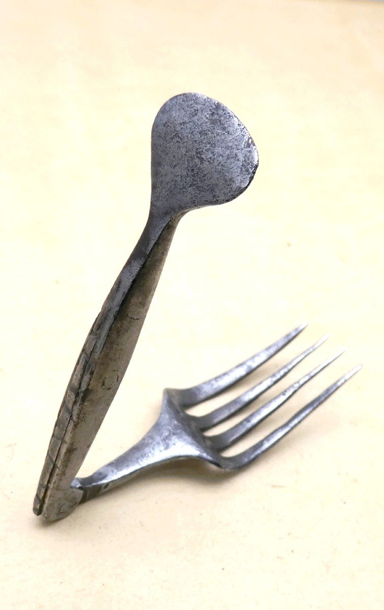 17th Century Folding Fork Tinned Iron, Mermaid Tail Spatula-photo-3