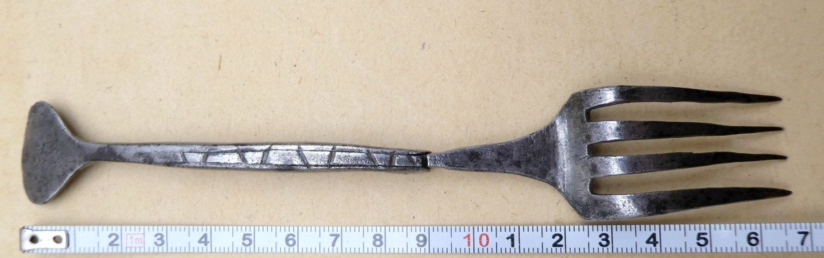 17th Century Folding Fork Tinned Iron, Mermaid Tail Spatula-photo-4