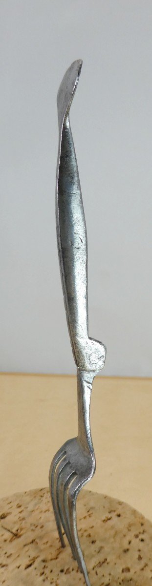 17th Century Folding Fork Tinned Iron, Mermaid Tail Spatula-photo-2