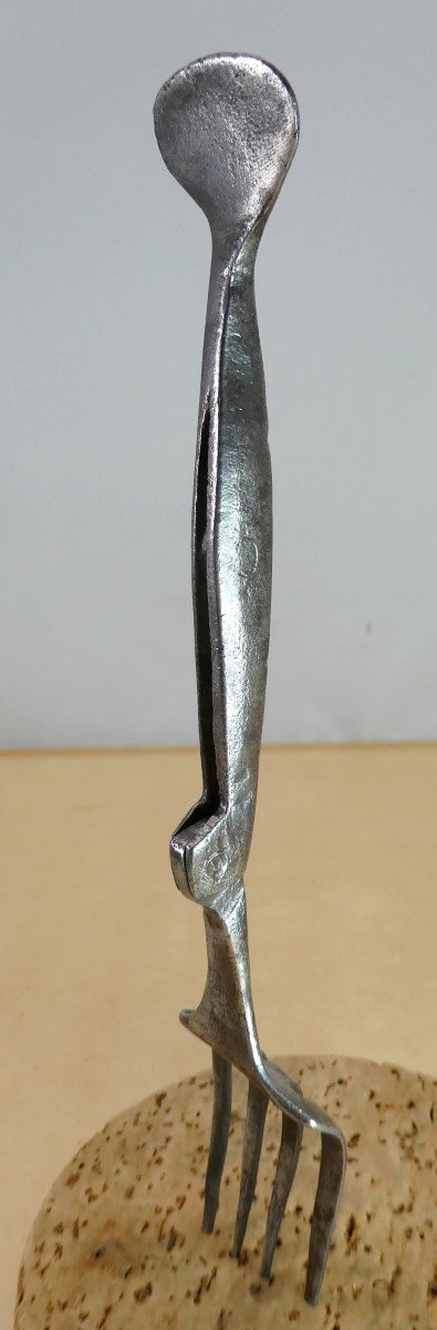 17th Century Folding Fork Tinned Iron, Mermaid Tail Spatula-photo-3