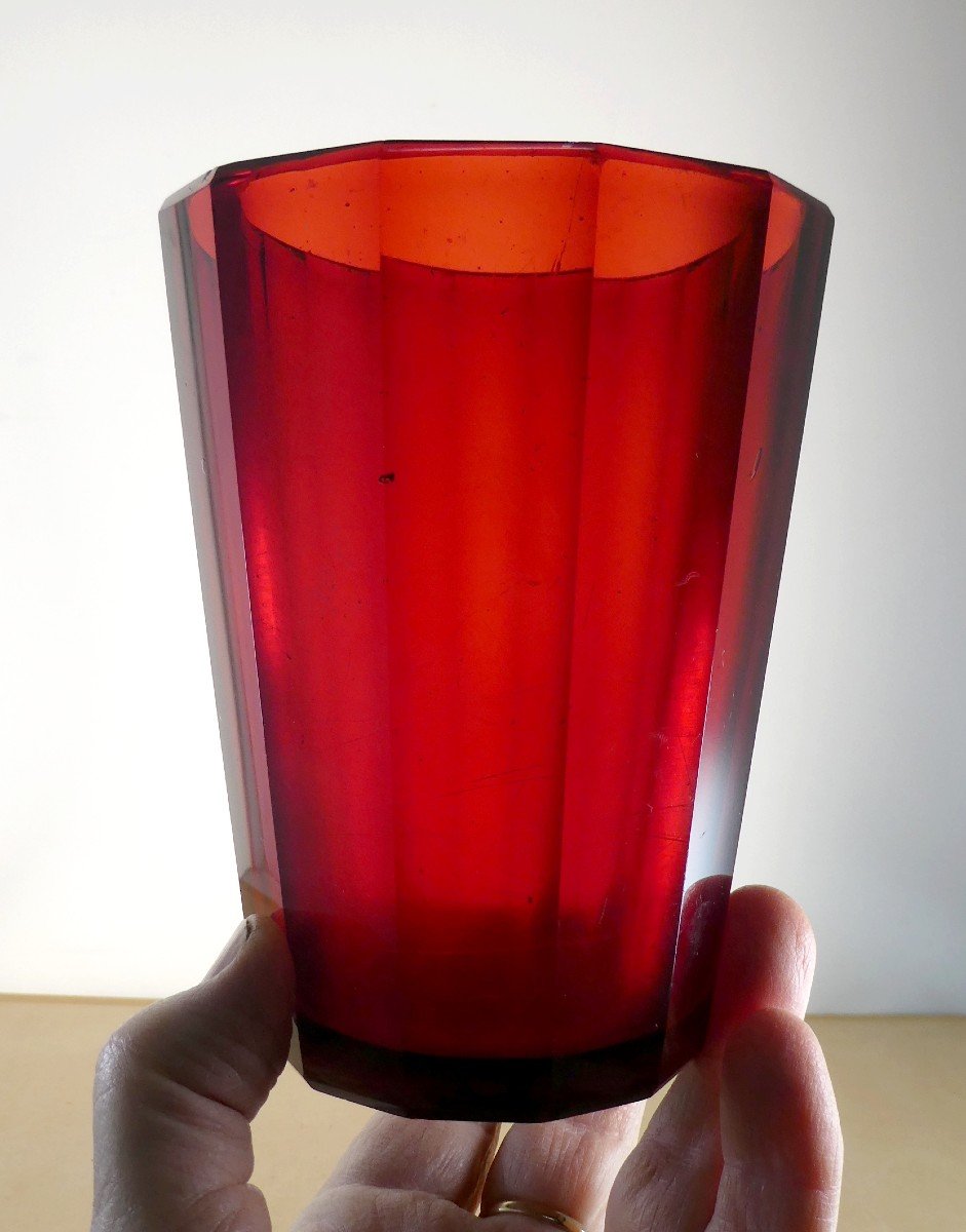 Grand Gobelet Verre Soufflé Rubis Du 18e Siècle,  Blason En Intaille Du St Empire-photo-2