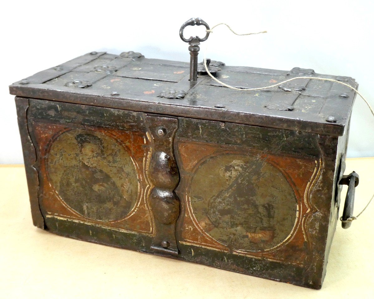 Beau Coffret De Mariage De Nuremberg, Vers 1600, Fer Décoré Et Peint, Et Sa Clé,-photo-2