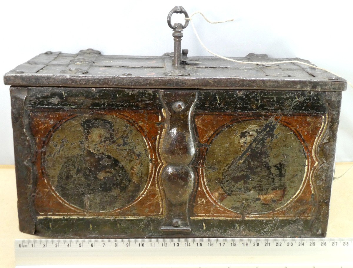 Beau Coffret De Mariage De Nuremberg, Vers 1600, Fer Décoré Et Peint, Et Sa Clé,-photo-3