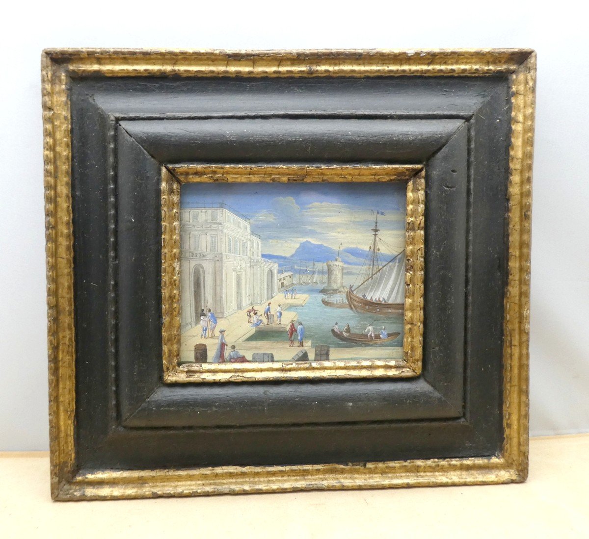 Gouache Miniature Sur Parchemin, Vers 1700, Port En Italie, Encadrement Ancien-photo-2