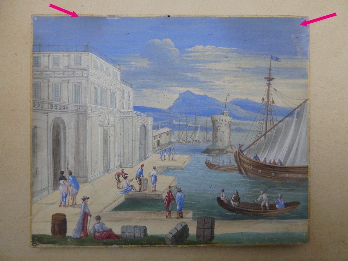 Gouache Miniature Sur Parchemin, Vers 1700, Port En Italie, Encadrement Ancien-photo-3