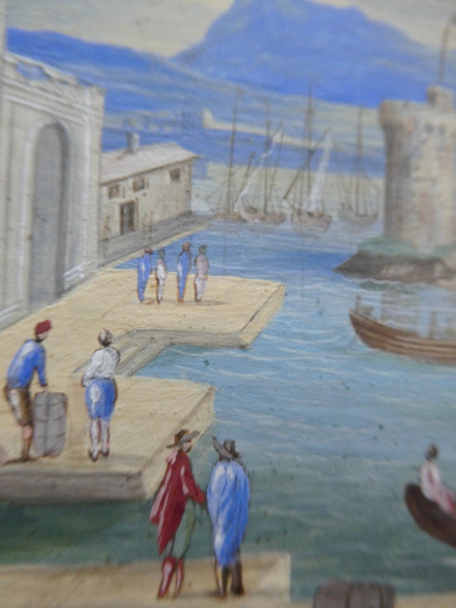 Gouache Miniature Sur Parchemin, Vers 1700, Port En Italie, Encadrement Ancien-photo-4