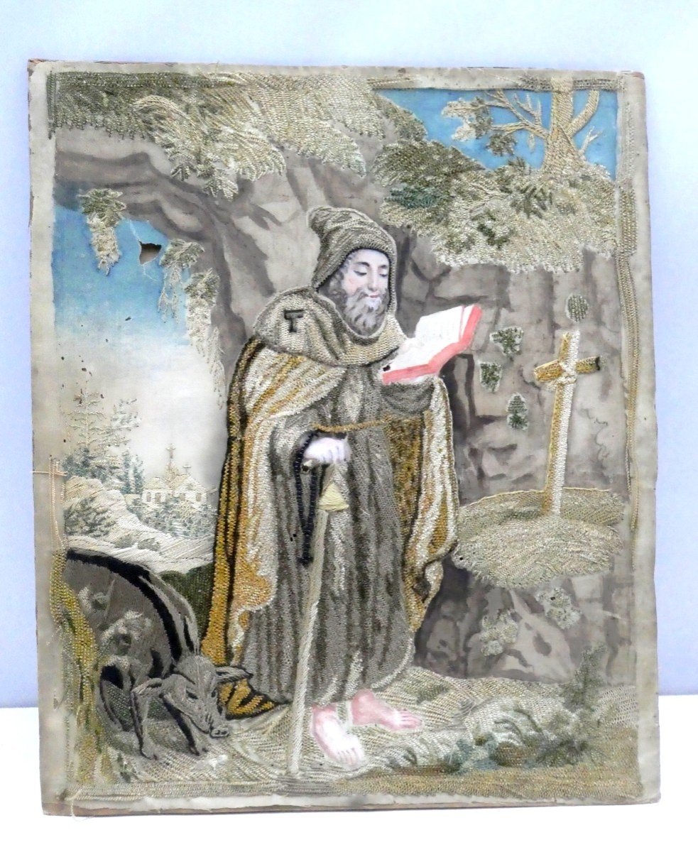 Needle Painting, Late 18th Century, On Silk, Saint Anthony And His Pig-photo-4