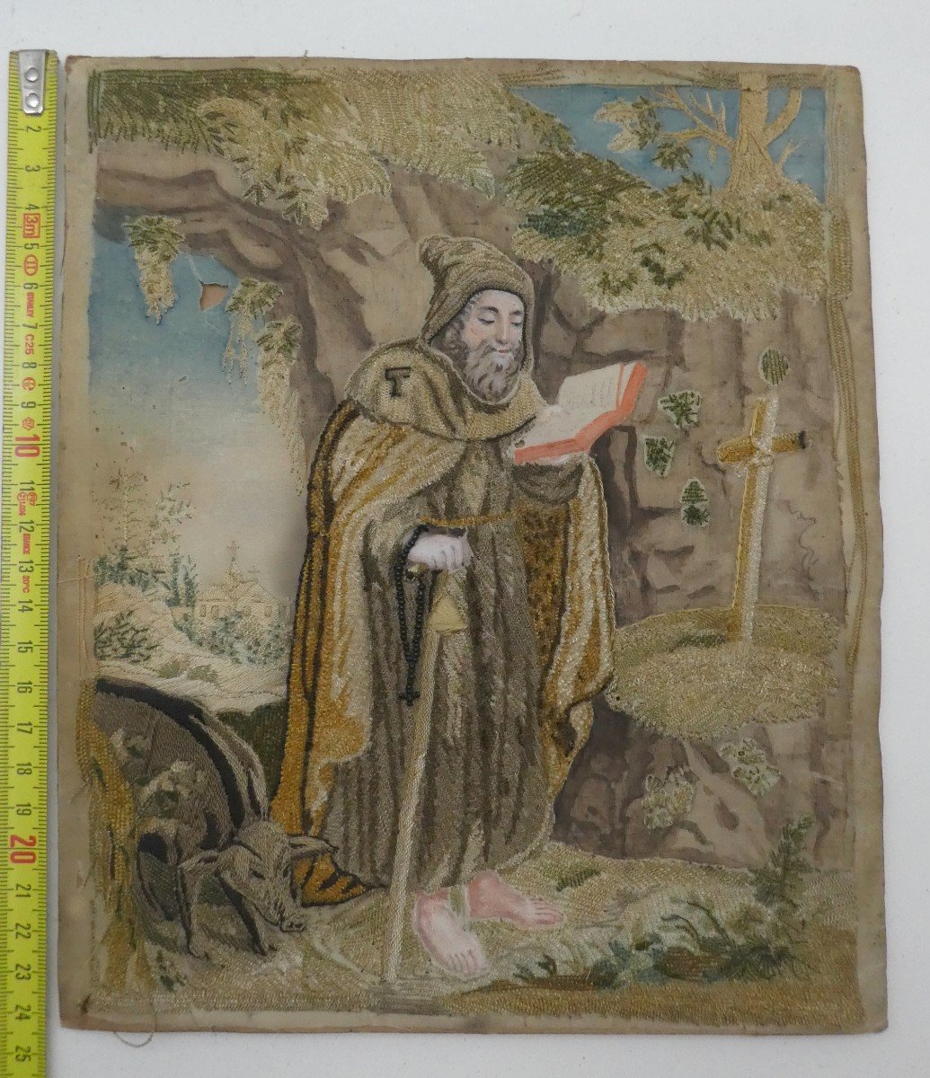 Needle Painting, Late 18th Century, On Silk, Saint Anthony And His Pig-photo-2