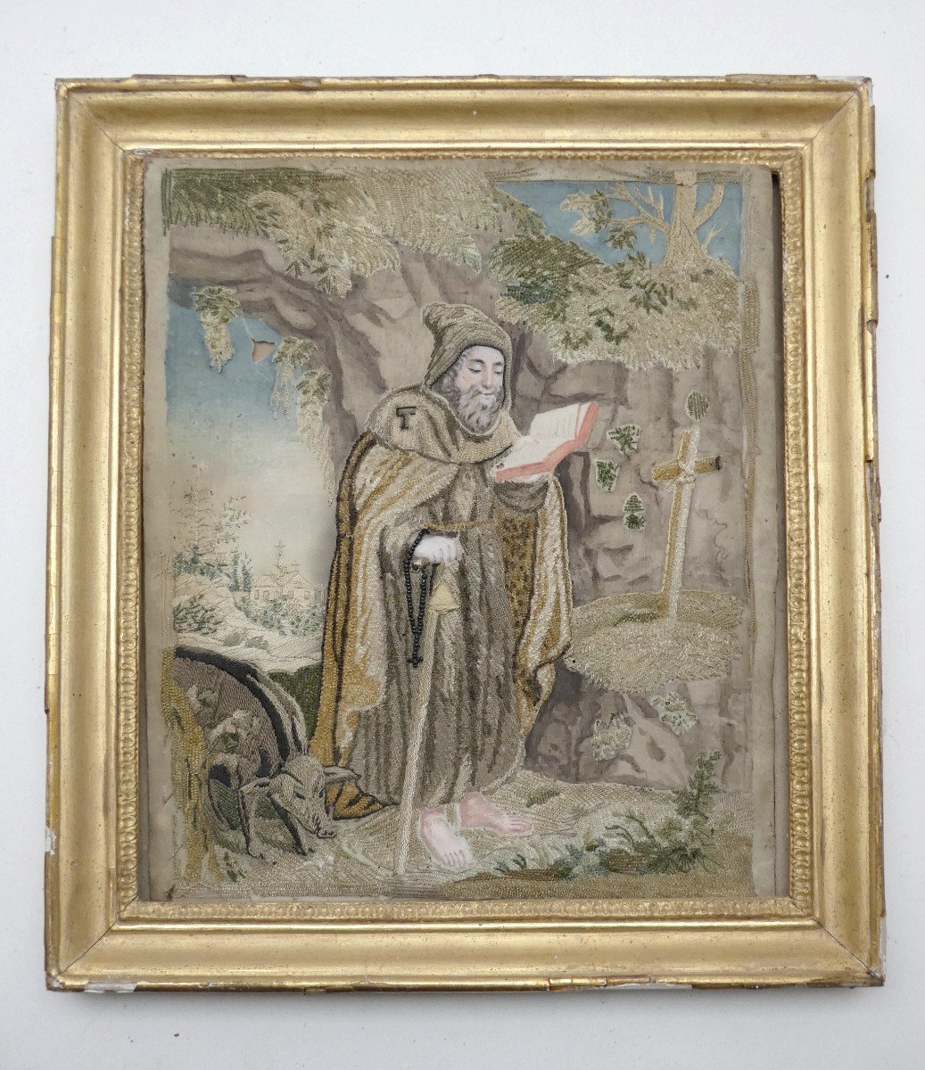 Needle Painting, Late 18th Century, On Silk, Saint Anthony And His Pig-photo-3