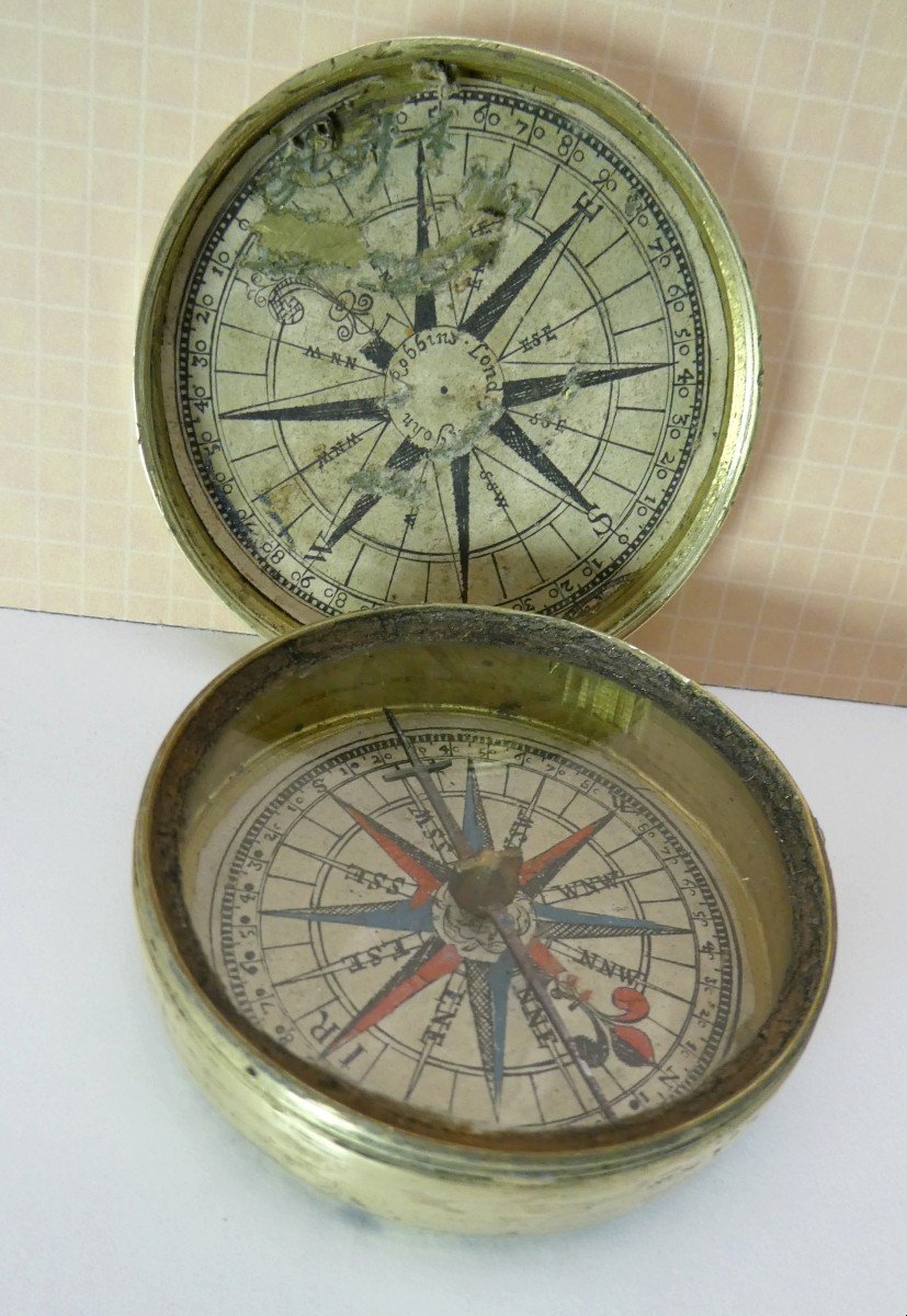 Marine Compass In Brass Box, Paper Interior, By John Robbins London, 17th Century-photo-2