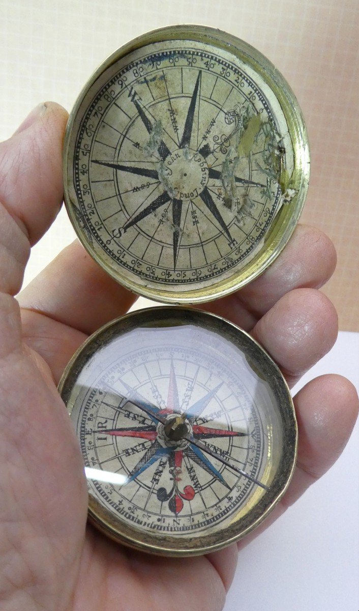 Marine Compass In Brass Box, Paper Interior, By John Robbins London, 17th Century