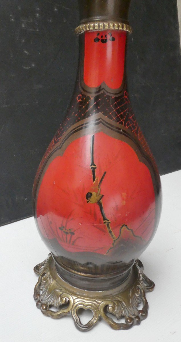 Red And Black Lacquer Lamp From Japan, Parisian Oil Mount, Late 19th Century-photo-4