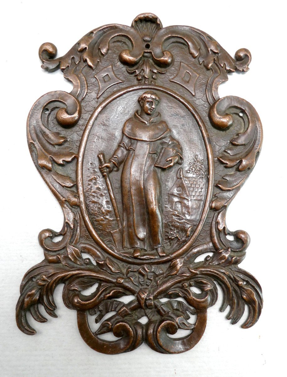 Saint Fiacre, Patron Of Gardeners And Horticulturists, Beautiful Cast Copper Plaque, 19th C-photo-2