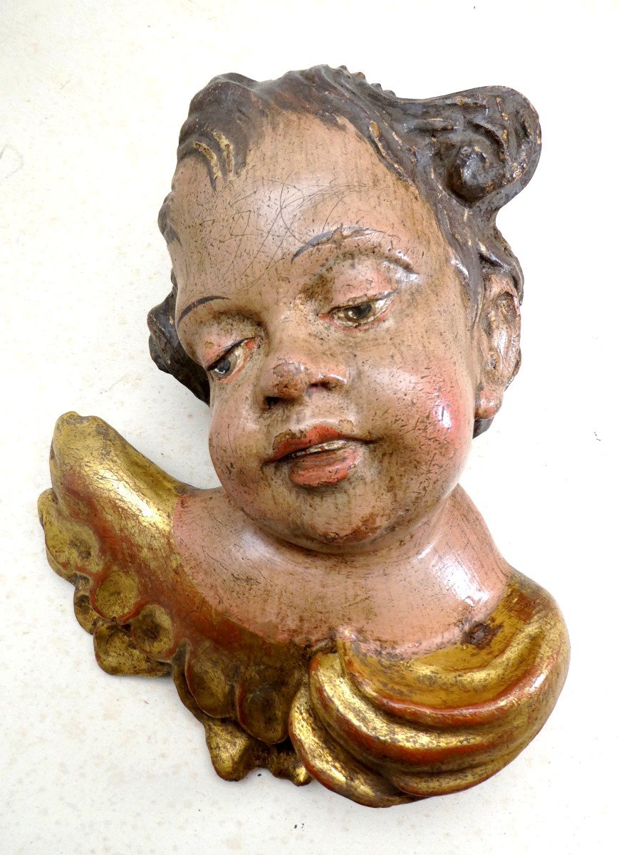 Angelot Bois Sculpté Et Peint, 18 Ou 19e Siècle, Charmant Visage Ancien-photo-2