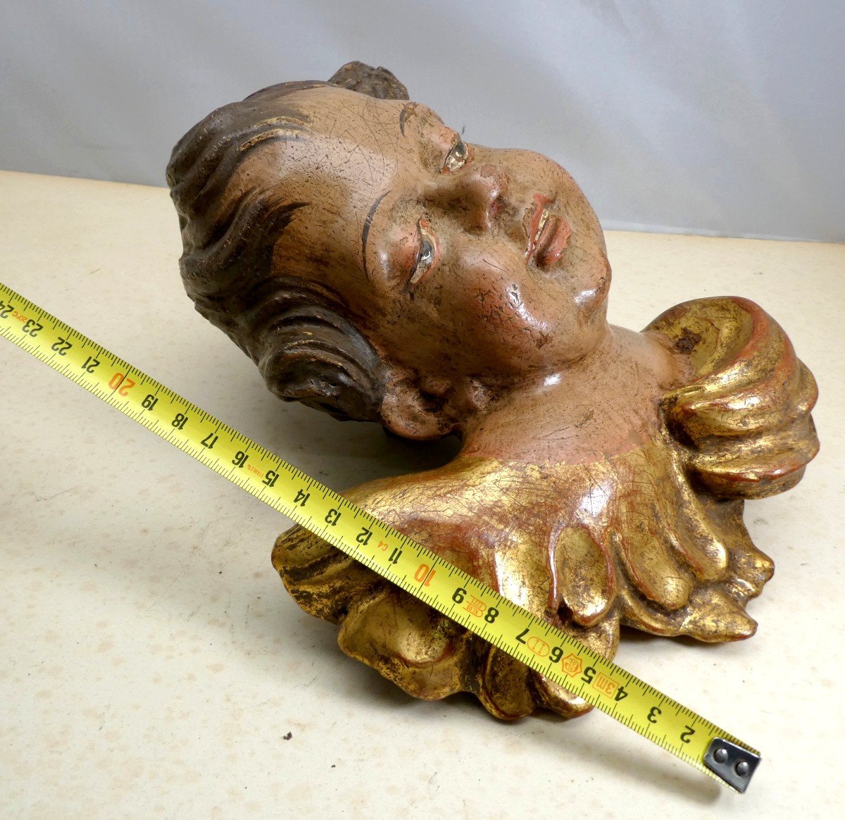 Angelot Bois Sculpté Et Peint, 18 Ou 19e Siècle, Charmant Visage Ancien-photo-4