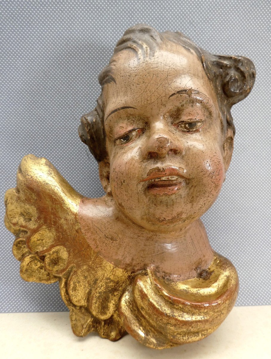 Angelot Bois Sculpté Et Peint, 18 Ou 19e Siècle, Charmant Visage Ancien