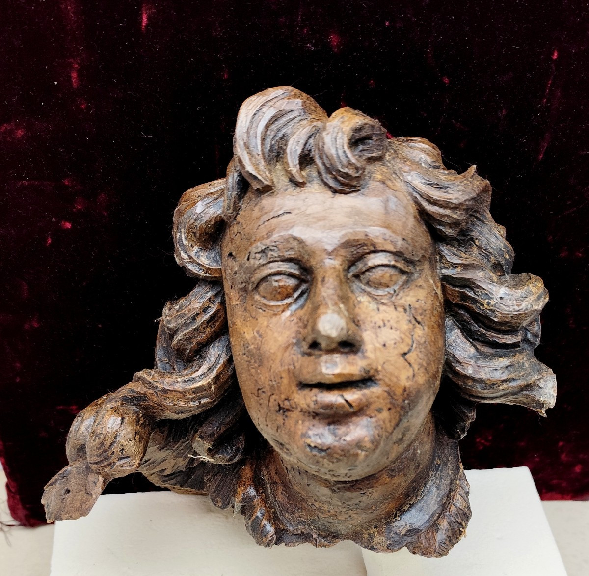 Visage D’archange, Sculpture Sur Bois époque Baroque Français-photo-2