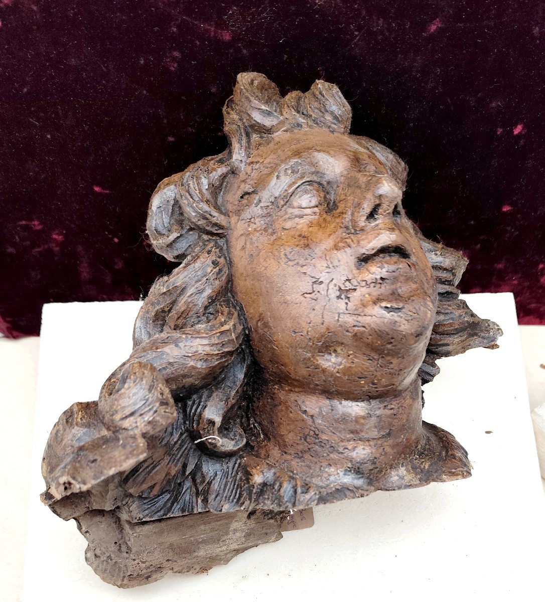 Visage D’archange, Sculpture Sur Bois époque Baroque Français-photo-1