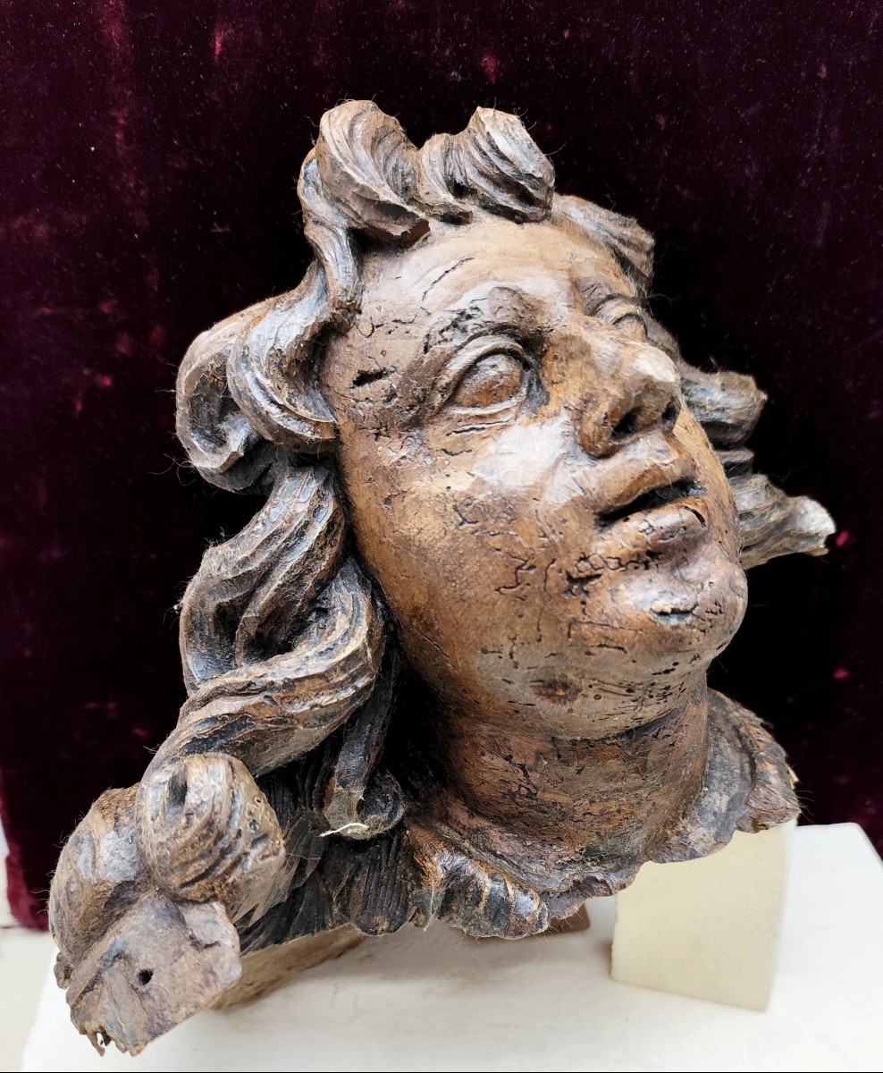 Visage D’archange, Sculpture Sur Bois époque Baroque Français-photo-2