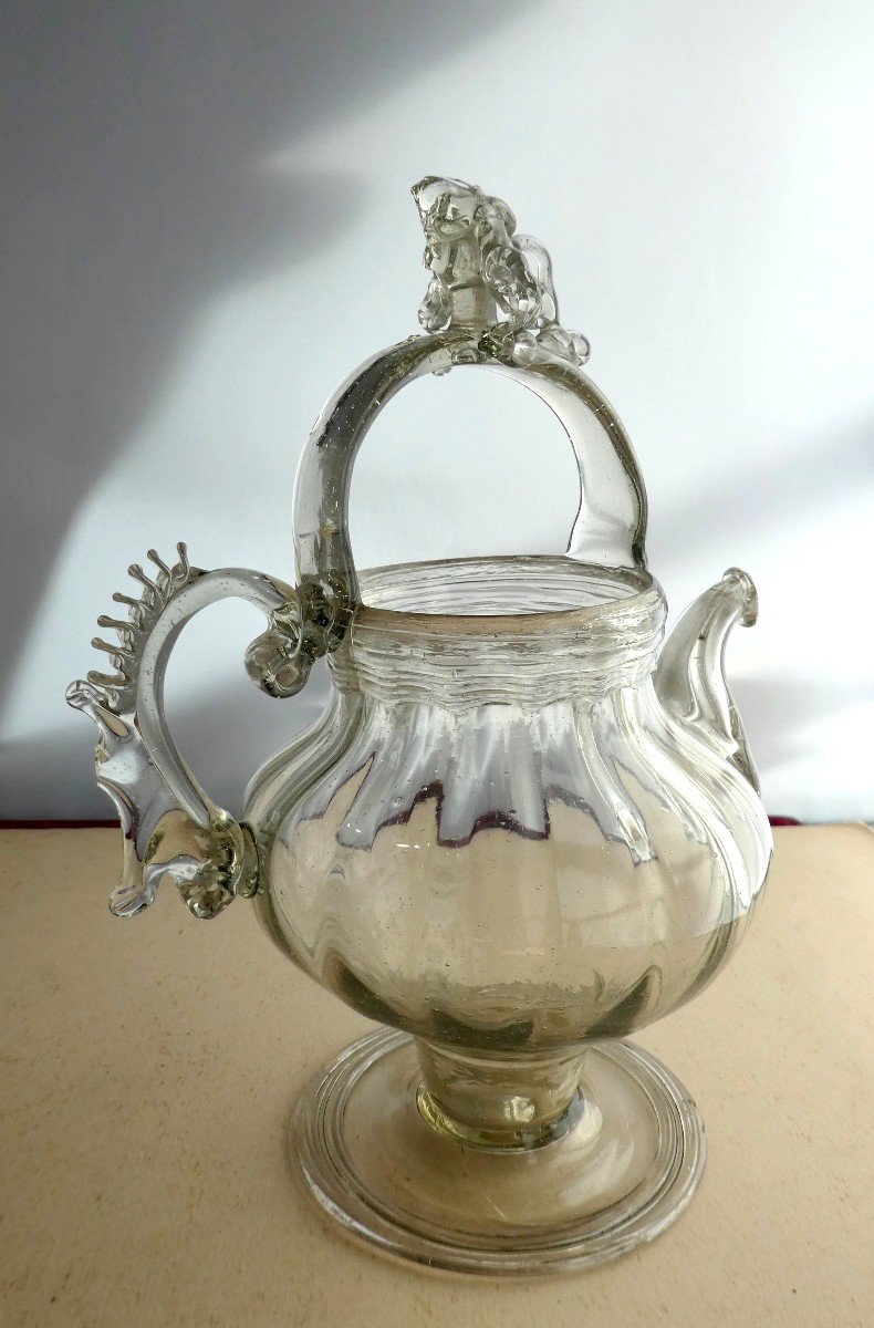 Musée : Cruche à Eau Bénite En Verre Filé, 18e Siècle, Assez Bon état.-photo-2