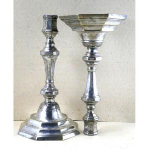 Pair Of Louis XIV Period Candlesticks Plated,  Lambrequins, Well Worn!