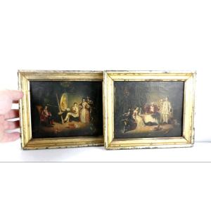 Comedia Del Arte : Paire De Petits Tableaux Miniature, Huile Sur Toile, 19e Siècle