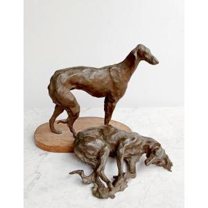 Deux Grands Lévriers Bronze, Sculpture Contemporaine, 2/10, Lissa Borkowski