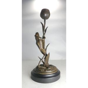 Sculpture-bougeoir Bronze, Grenouille Fleurie, Art Nouveau, Monogramme
