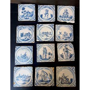 Montpellier, Suite Of 12 Earthenware Tiles With Animated Decors, Circa 1730