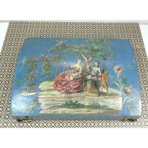 Quadrille Box, Blue Background, Louis XV, Painted “cutouts”, 4 Boxes Of Bone Tokens