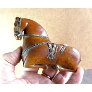 Superb Boxwood Horse Snuff Box , Silver Hooves, Incomplete, 19th Century