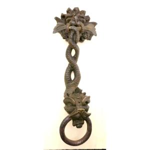 Large Fantastic Bronze Door Knocker, 19th Century, With Chimeras.