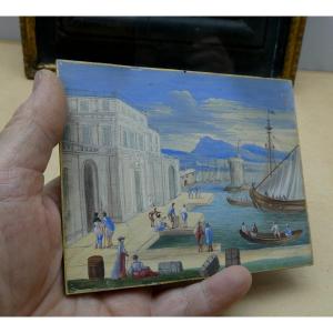 Gouache Miniature Sur Parchemin, Vers 1700, Port En Italie, Encadrement Ancien