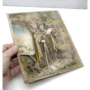 Needle Painting, Late 18th Century, On Silk, Saint Anthony And His Pig