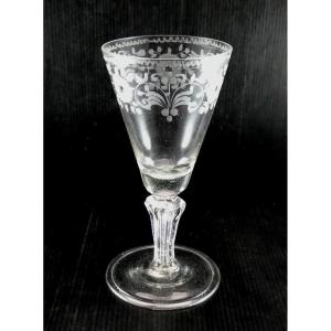 Grand Verre à Vin Soufflé-gravé-taillé, 18e Siècle, Bourgogne, 16,5 Cm