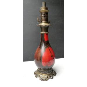 Red And Black Lacquer Lamp From Japan, Parisian Oil Mount, Late 19th Century