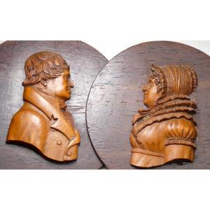 Pair Of Carved Boxwood Treen Portraits, France, 19th Century