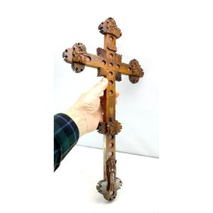 Large Reliquary Cross To Apostles, Jerusalem Olive Wood, 19th Century